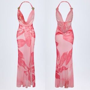 Oh Polly Taveuni Cowl-Neck Hardware-Detail Maxi Dress in Pink Orchid